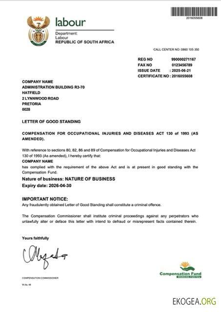 Modèle Word et PDF de lettre d'attestation en Afrique du Sud